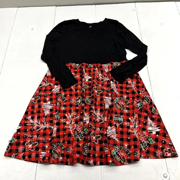 Shein Dresses | Shein Black & Red Plaid Christmas Print Long Sleeve Dress Women's Size X-Large | Color: Black/Red | Size: XL | Beyondexchange2'S